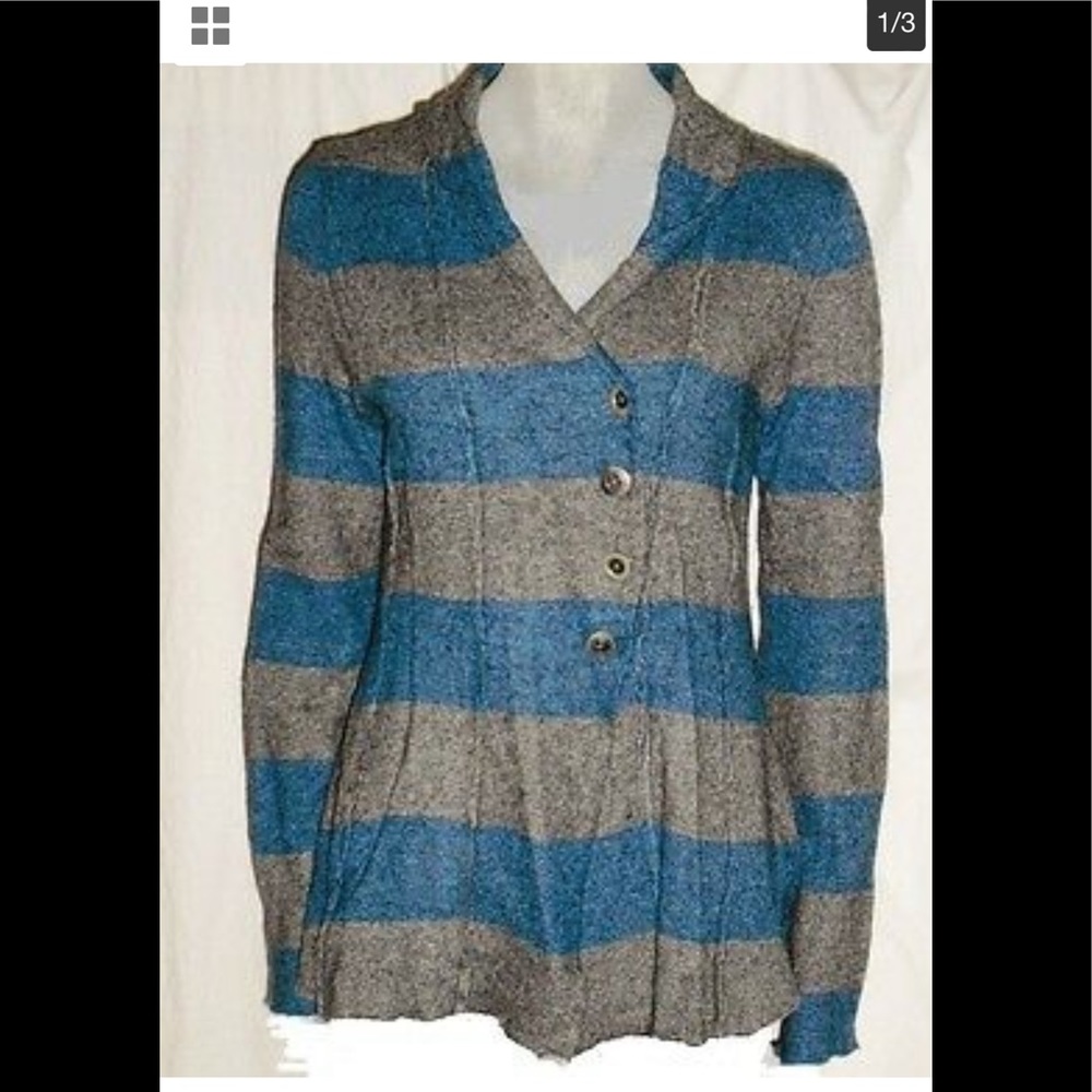 Free People Striped Button Up Sweater in blue and gray